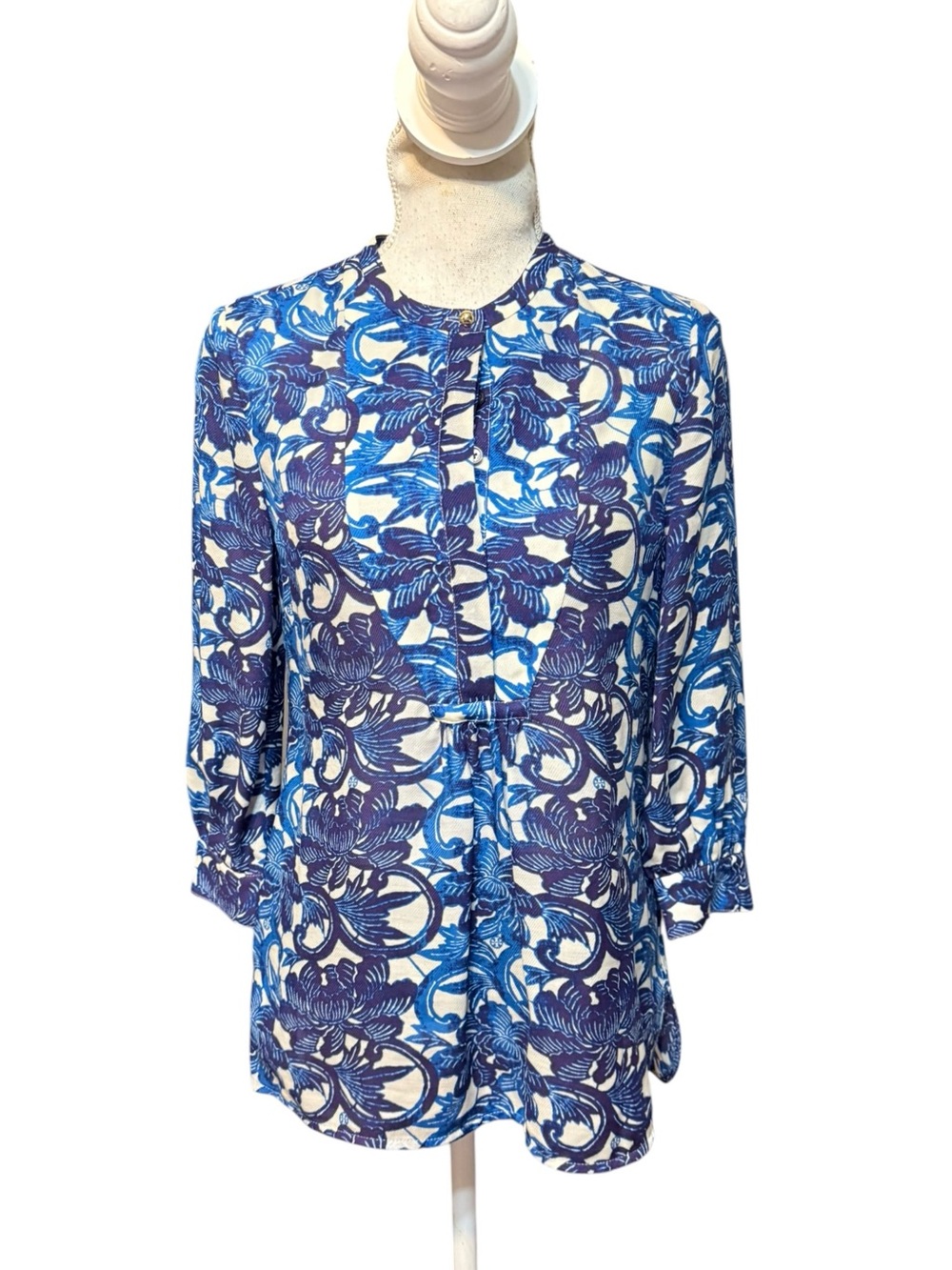 Tory Burch Blue Ivory Kano Silk Jersey petal Tunic Top‎ Sz 2 NWT